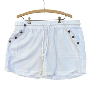 Sapphire Red White Linen Blend Drawstring Shorts Button Detail Plus Size 2X